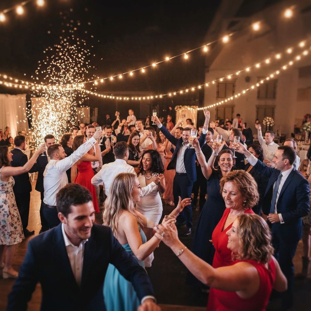 Wedding dance floor with string lights
